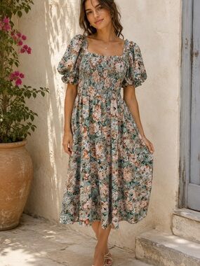 LC Lauren Conrad Sage Green Floral Midi Dress with Puff Sleeves